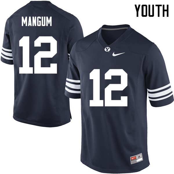 Youth #12 Tanner Mangum BYU Cougars College Football Jerseys Sale-Navy